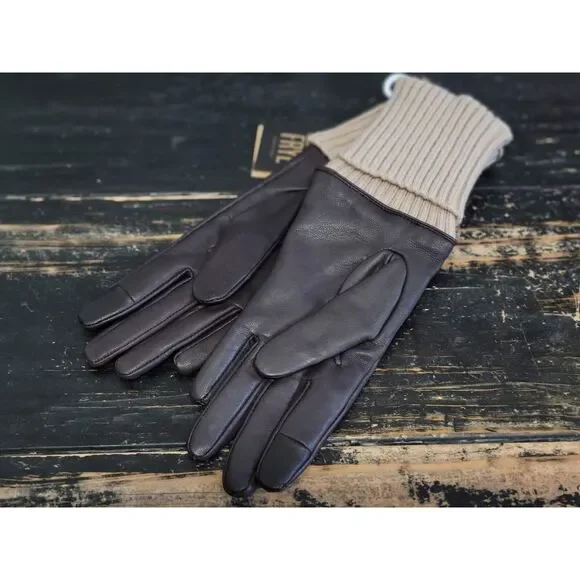 Frye DY347C Dark Brown Leather Knit Double Cuff Driving Gloves Women S - Picture 2 of 3